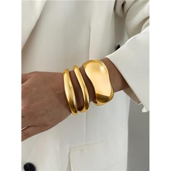 3 Pcs Chunky Gold Bangles for Women | Adjustable Spring-Loaded Bracelet Set. - Picture 4 of 6